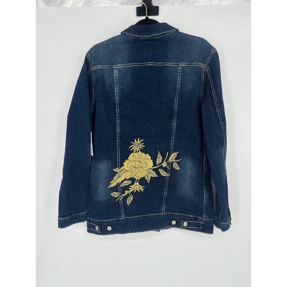 Lularoe Jean Jacket Women Medium Boho Gold Embroidery Flowers Dark Denim Pockets - Picture 5 of 10